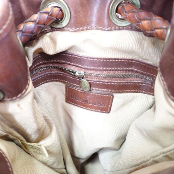 Vintage Ralph Lauren Drawstring Bucket Bag Linen & Brown Leather Braided Strap - Picture 9 of 11